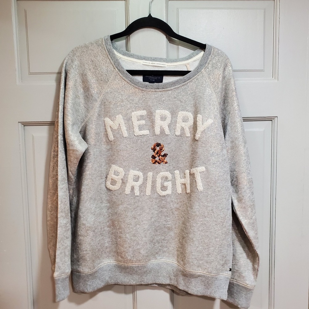 American Eagle Merry & Bright Christmas Sequins Sweatshirt Gray Women's Size XL